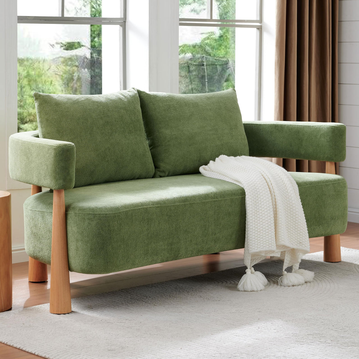 QNZK 67" L Loveseat Sofa, Mid Century Modern Sofa Couch with 2 Pillows, Comfy Chenille Couches, Upholstered Small Sofa for Living Room, Bedroom, Apartment & Office, Easy Assembly, Green QNZK