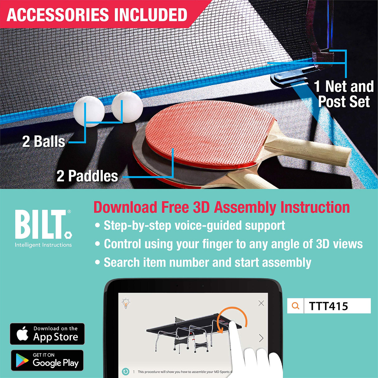 MD Sports Table Tennis Set, Regulation Ping Pong Table with Net, Paddles and Balls (8 Pieces) - Black & Light Blue MD Sports