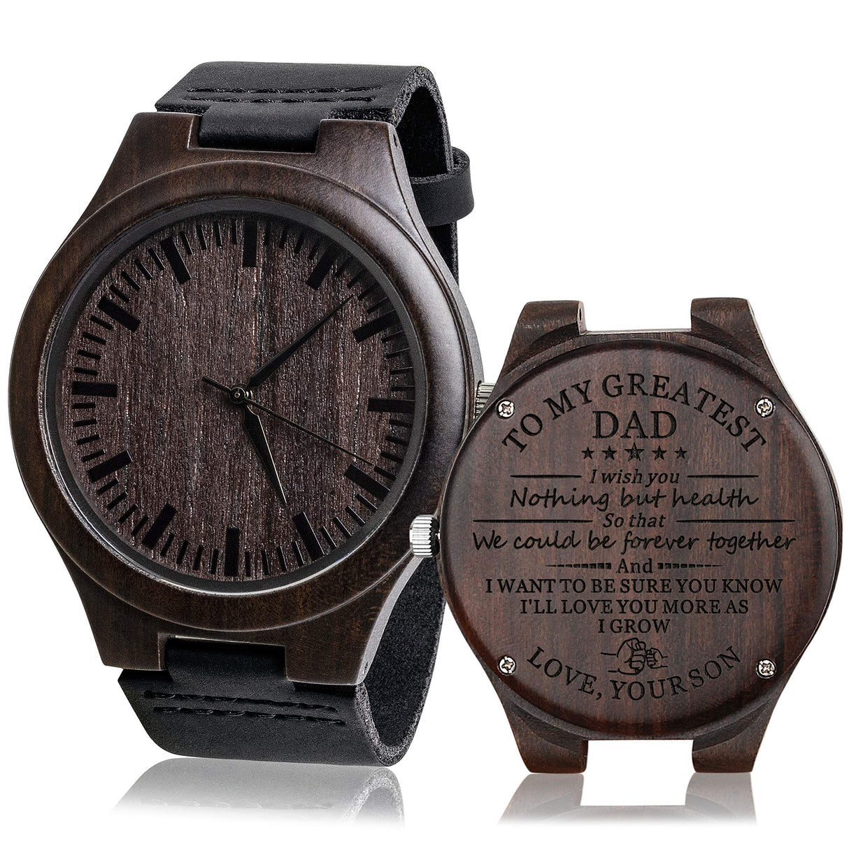 Fodiyaer Custom Engraved Wood Watch Gifts for Dad from Son As Personalized Christmas Birthday Father Day Wooden Gifts Idea with Cowhide Leather Strap Fodiyaer