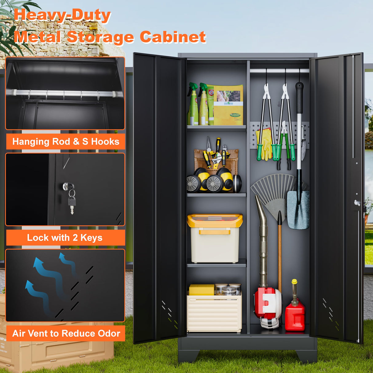 Storage Cabinet 61" H, Metal Outdoor Sheds with Shelves for Tools Storage, Cleaning Supplies Closet with Removable Pegboard for Outdoor, Garage, Utility Room METALREAD