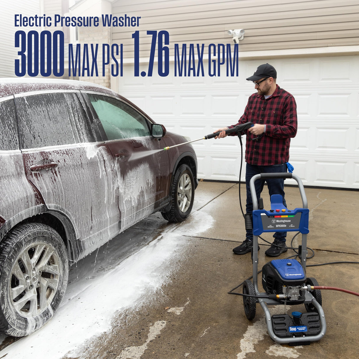 Westinghouse WPX3000e Electric Pressure Washer, 3000 Max PSI and 1.76 Max GPM, Induction Motor, Onboard Soap Tank, Spray Gun and Wand, 5 Nozzle Set, for Cars/Fences/Driveways/Homes/Patios/Furniture Westinghouse