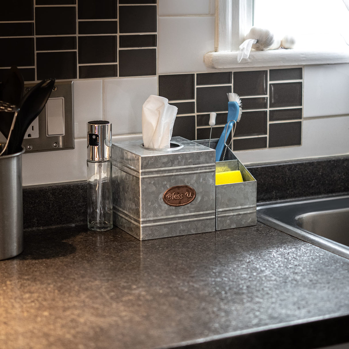 Kotinara Galvanized Tissue Box Cover Square with Rustic Bathroom Organizer - Rustic Tissue Box Holder with Storage - A Perfect Farmhouse Tissue Box Cover with Storage Box. KOTINARA