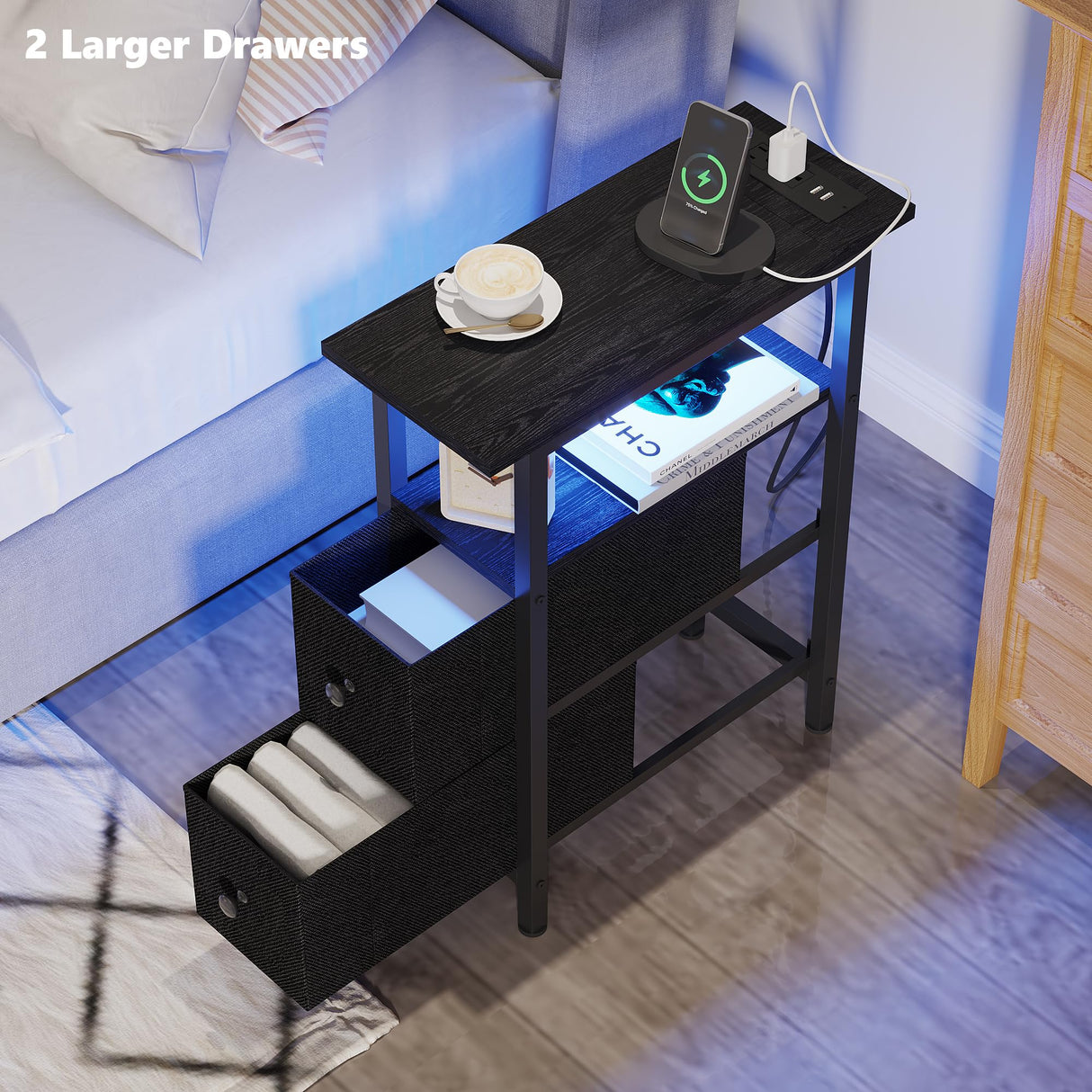 TRIFEBLE End Table with Charging Station, Narrow Side Table with 2 Fabric Drawers, Skinny Nightstand with LED Light, Slim Bedside Table for Bedroom, Living Room, Small Spaces, Black TRIFEBLE