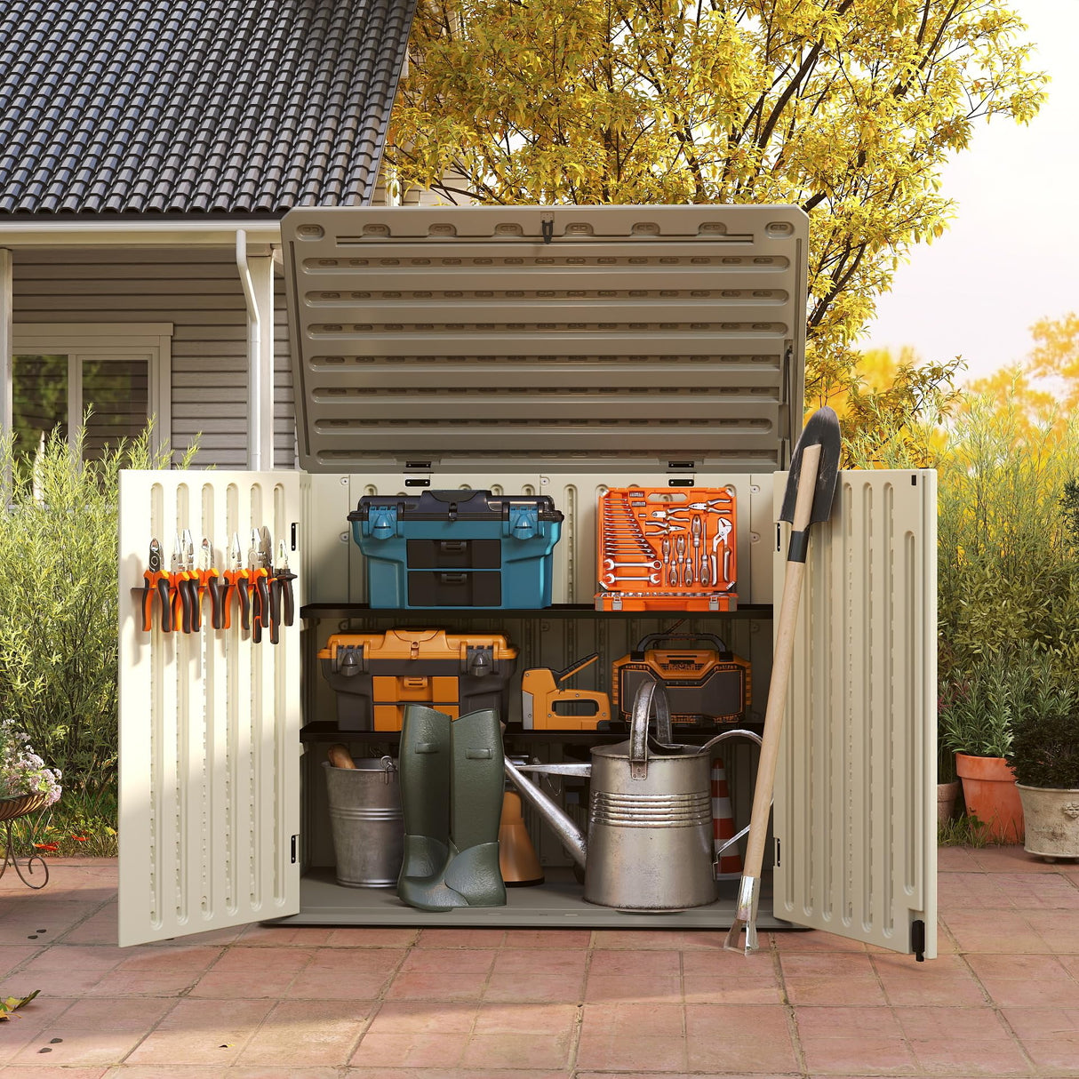 EHHLY Horizontal Resin Storage Shed, 47 Cuft Garden Tool Sheds & Outdoor Storage, Outdoor Plastic Storage Cabinet Waterproof, 4.5 x 2.8 ft Backyard Outside Lawn Mower Storage Shed, Vanilla EHHLY