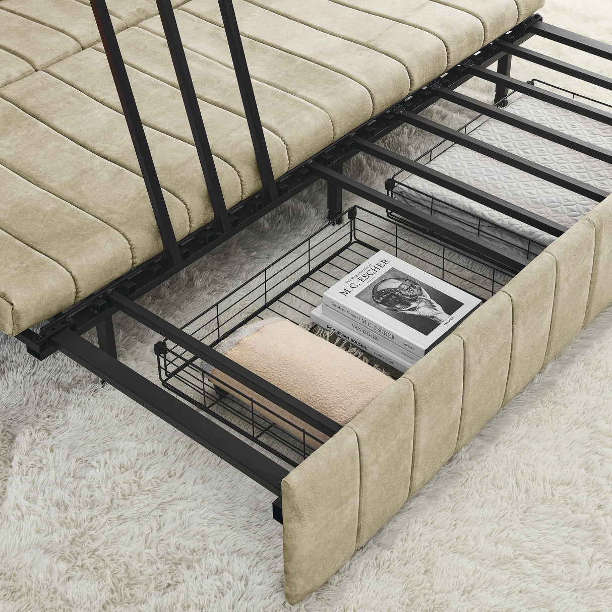 KIVENJAJA 82.3” Sleeper Sofa Bed Couch, Convertible 3-Seater Sofas with King Size Pull Out Sofabed, 3 in 1 Pullout Couches w/ 2 Drawers & Pillows for Living Room, Velvet, Beige KIVENJAJA