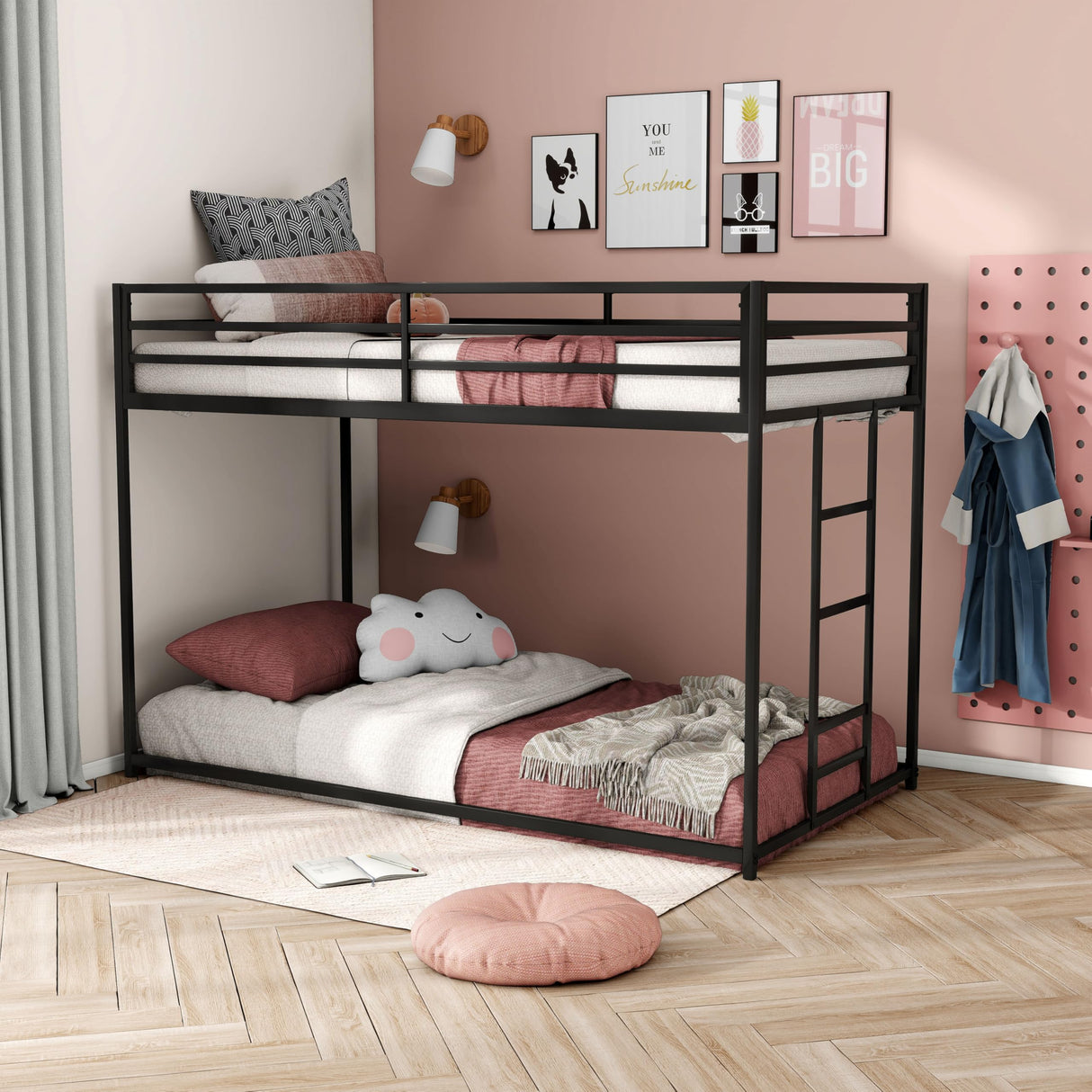 Furniture of America Dravenor Modern Metal Twin Over Twin Low Profile Bunk Bed with Reversible Ladder and Twnty-Two Slats, No Box Spring Required, for Kids, Bedroom, Dorm, Black Furniture of America
