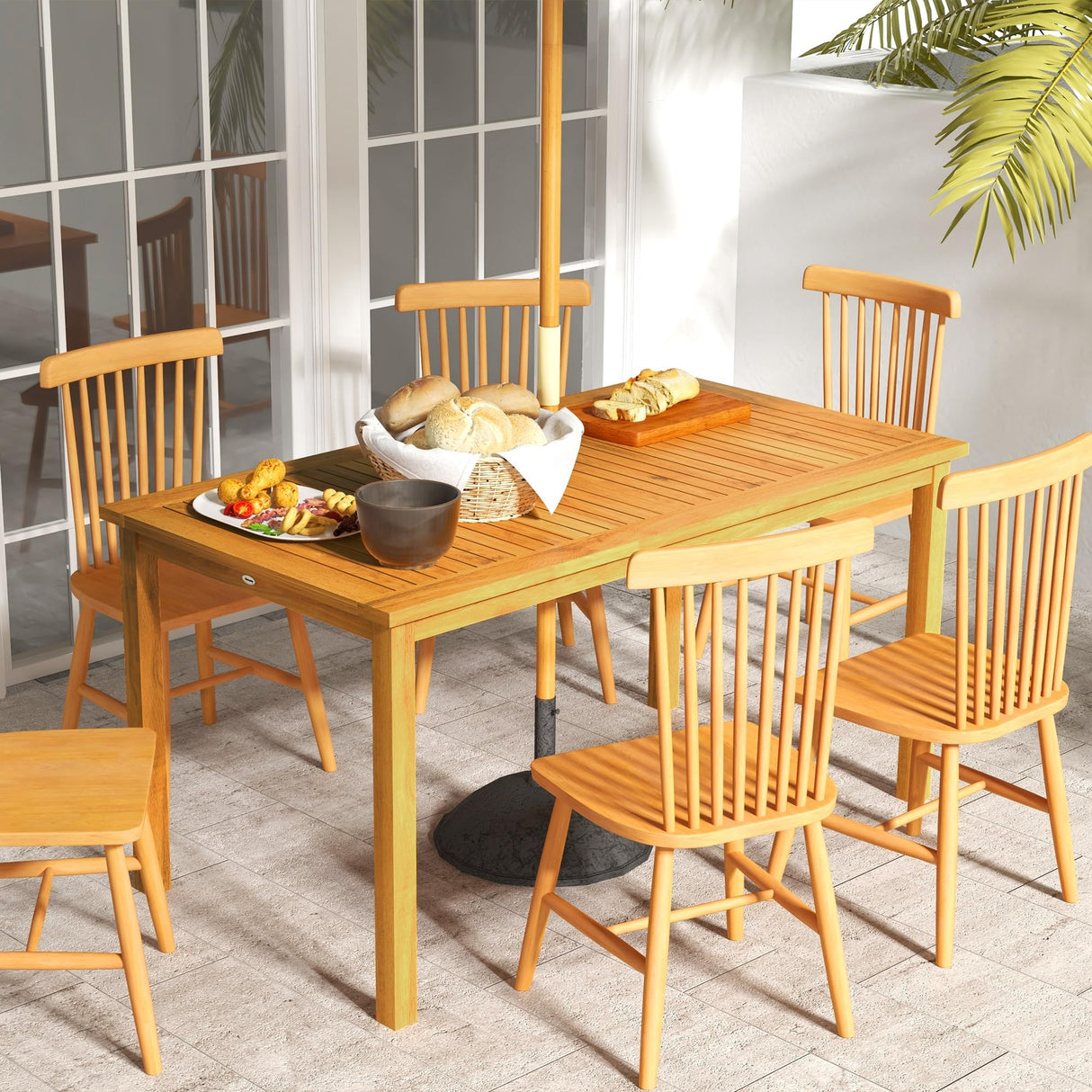 Outsunny Rectangle Patio Table for 6, Outdoor Dining Table with Umbrella Hole, Acacia Wood Table for Garden, Backyard, Deck, Natural Wood Outsunny