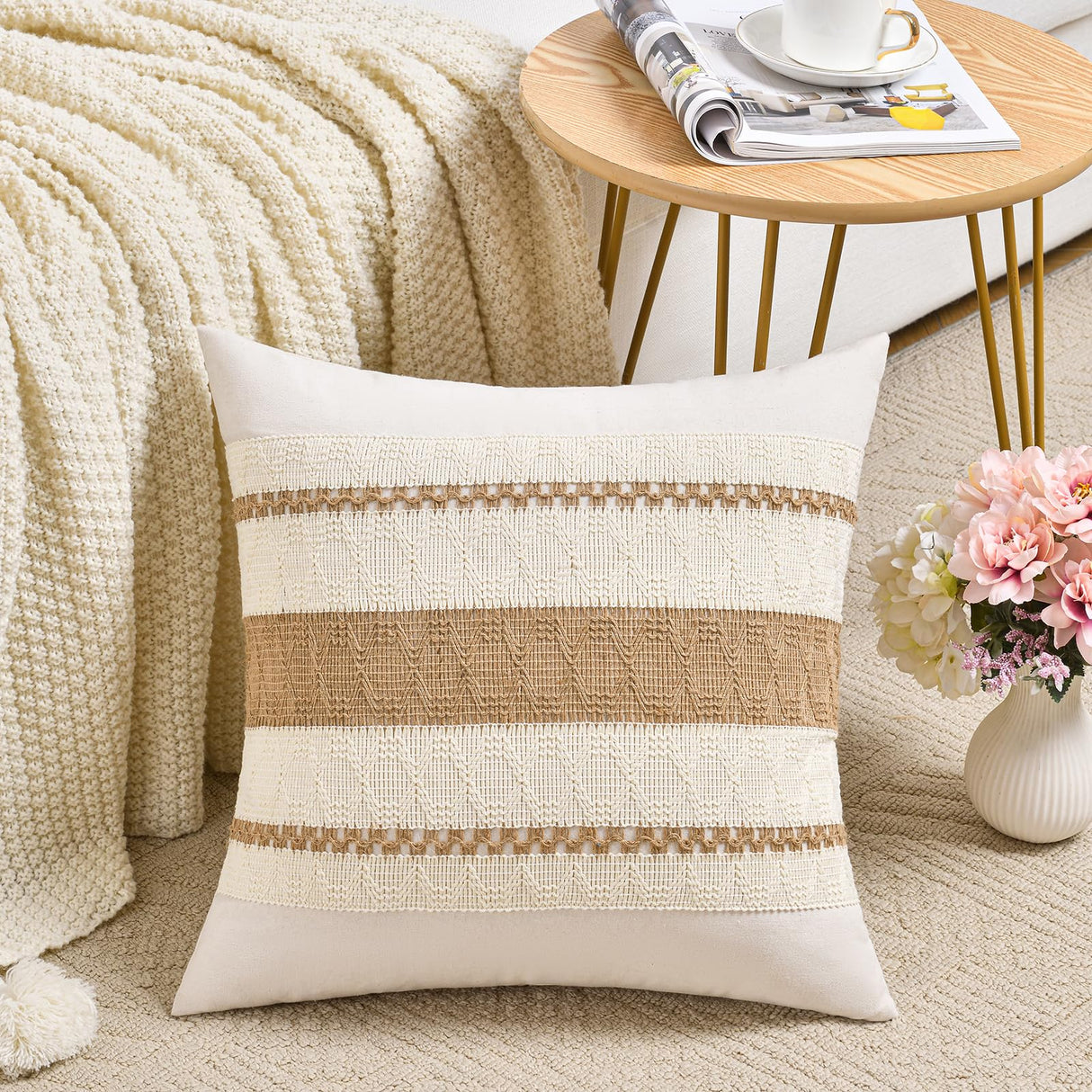 Fancy Homi Set of 2 Boho Neutral Decorative Throw Pillow Cover 18x18 Inch for Couch Bed Sofa, Aesthetic Modern Organic Farmhouse Home Decor, Soft Cotton Cute Accent Macrame Woven Tan Cushion Case Fancy Homi