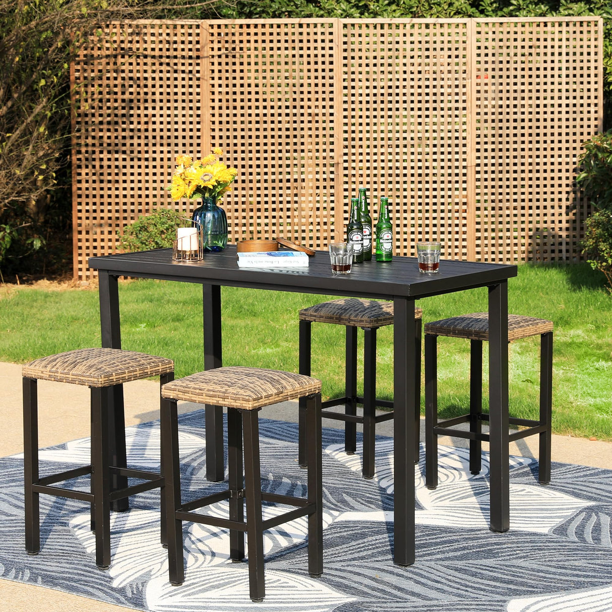 PHI VILLA 5 Piece Patio Bar Set, Black Wood Grain Metal Bar Table & 4 Wicker High Bar Stools, Bar Height Outdoor Dining Set for Porch, Yard, Deck, Poolside PHI VILLA