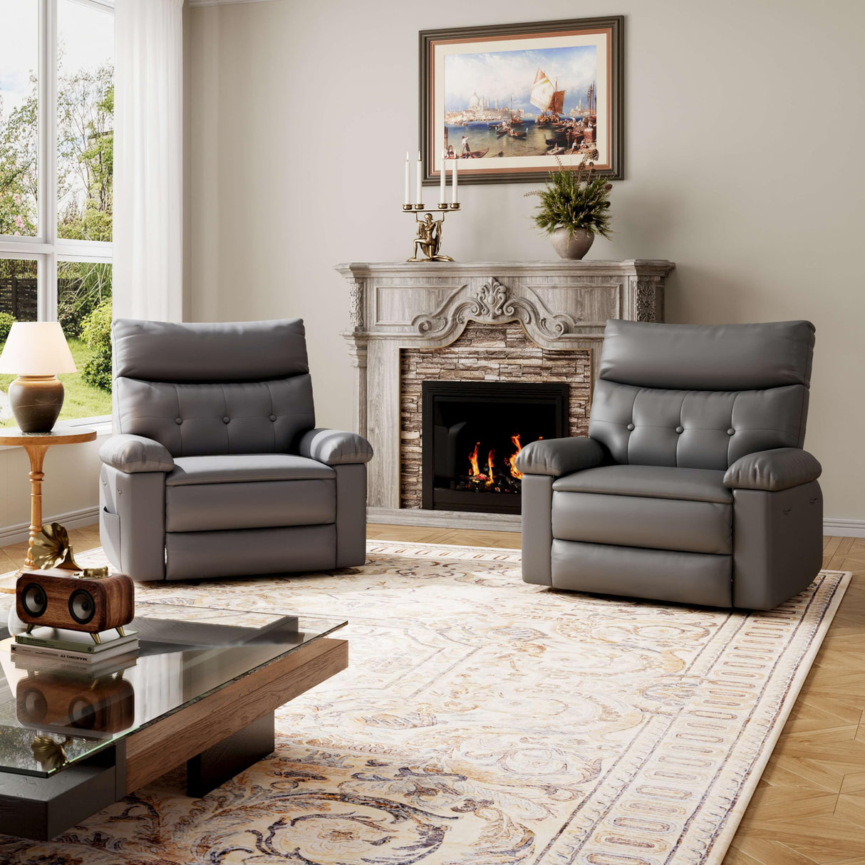 Garvee Oversized Recliner Chair - PU Leather Manual Recliner for Adults, Comfy Reclining Chair with Overstuffed Arms and Back, Side Pocket, Single Sofa for Living Room, Bedroom Garvee