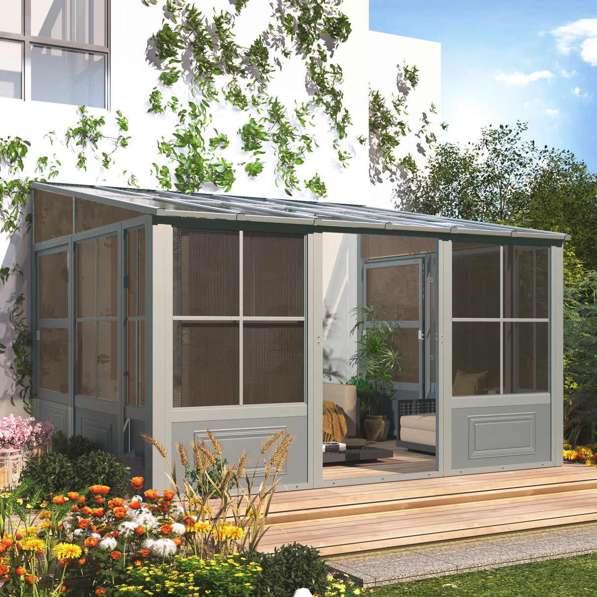 EROMMY 10' x 12' Sunroom, Wall Mounted Gazebo Solarium with Aluminum Frame, Polycarbonate Roof, Permanent Sun Room with Sliding Doors, Lockable PC Screen Walls, Lean to Gazebo for Garden, Patio, Deck EROMMY
