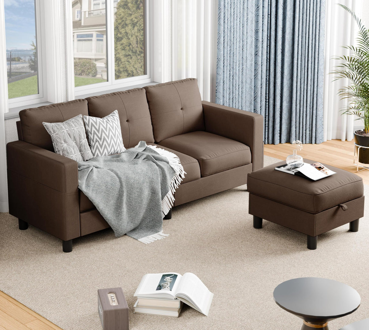 JAMFLY Sectional Sofas Couches for Living Room, L Shaped Couch with Storage Sofa Set, Small Couches for Small Spaces with Movable Ottoman, Brown JAMFLY