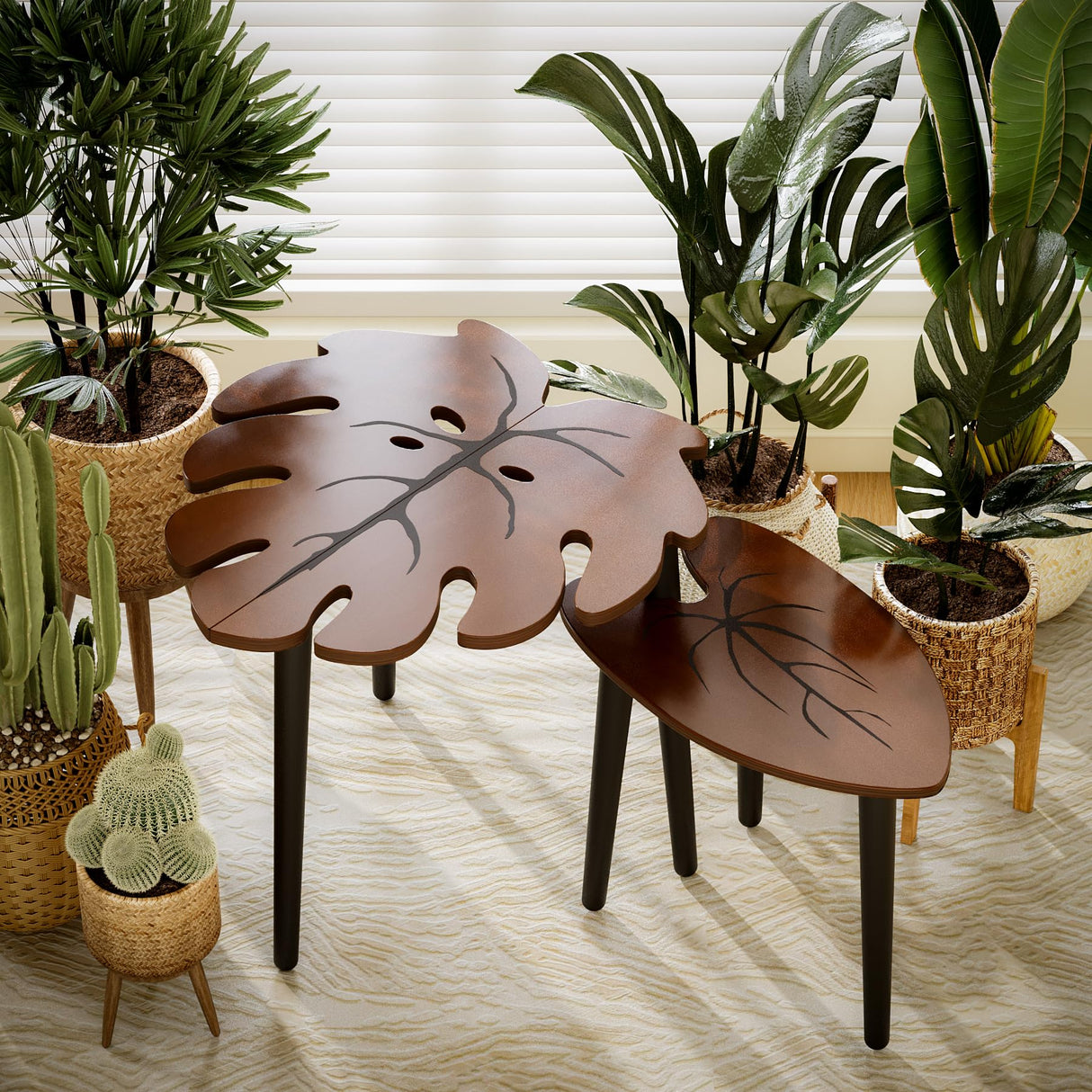 BAMEOS Monstera Leaf Nesting Tables Set of 2, Small Side Tables f Set with Leaf Vein Pattern, Modern Wooden CoffeeTables for Living Room Bedroom Apartment Balcony Yard BAMEOS