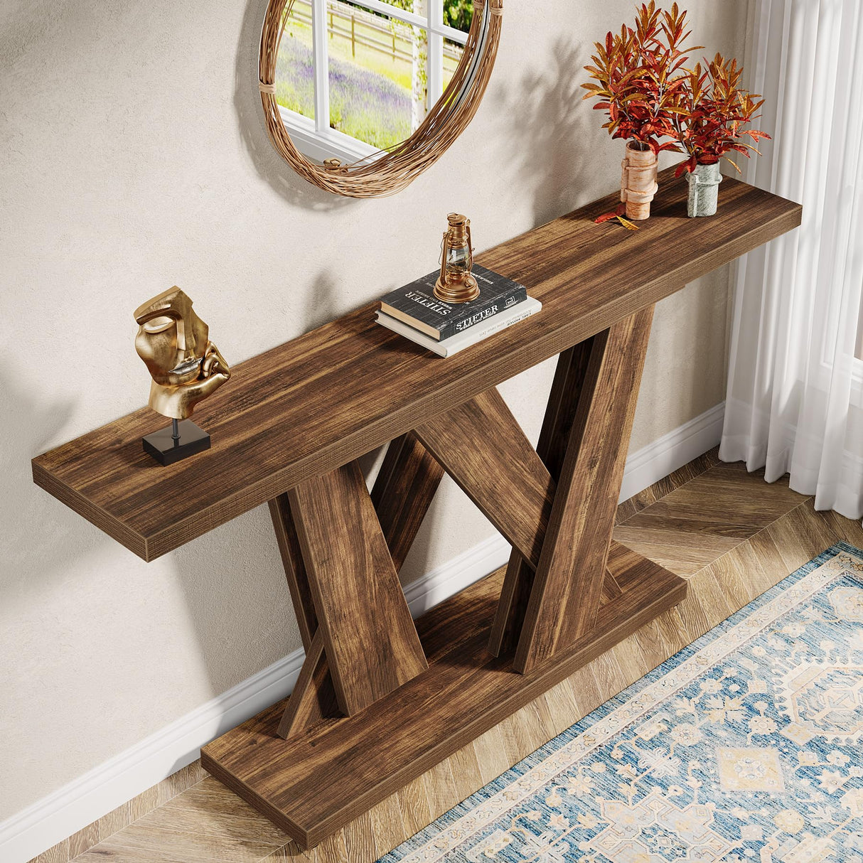 Tribesigns 55-Inch Farmhouse Console Table, Modern Behind The Couch Table with Geometric Base, Narrow Sofa Table Wood Long Entryway Table for Entrance, Living Room, Hallway, Foyer, Rustic Brown Tribesigns
