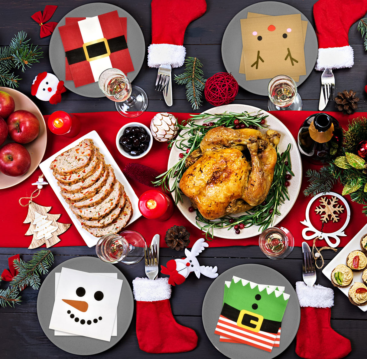 Gift Boutique 120 Christmas Character Cocktail Beverage Napkins Holiday Disposable Paper Napkin Cute Xmas Winter Snowman Reindeer Elf & Santa Belt Dessert Napkins for Home Dinner Buffet Party Supplies Gift Boutique