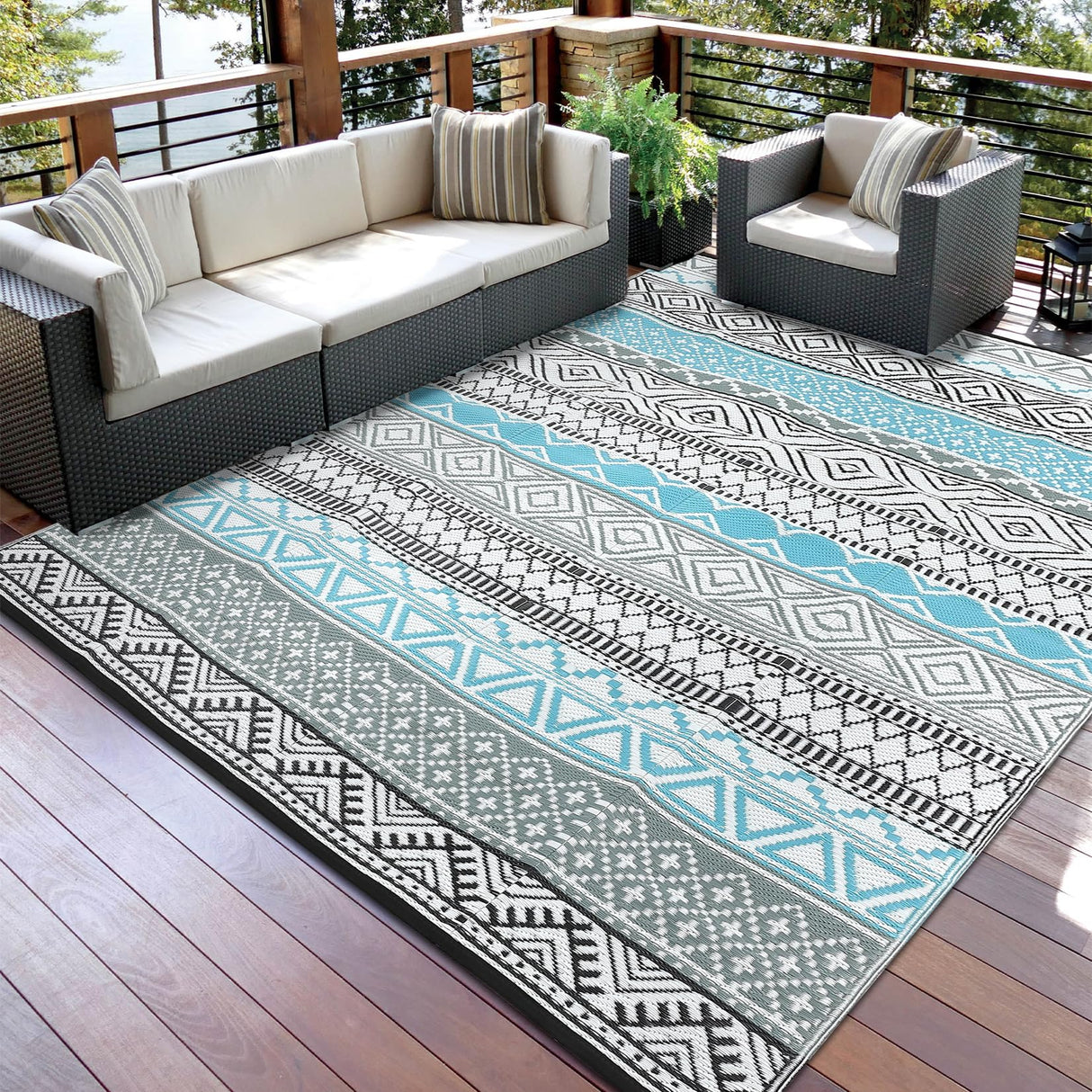 GAOMON Outdoor Rug 9'x12' Waterproof Rug for Patio Decor, Foldable Reversible Plastic Straw Area Rugs Mat for Camper, Outside Carpet for Deck, Porch, Picnic, Beach, Blue/Grey(Bohemia) GAOMON