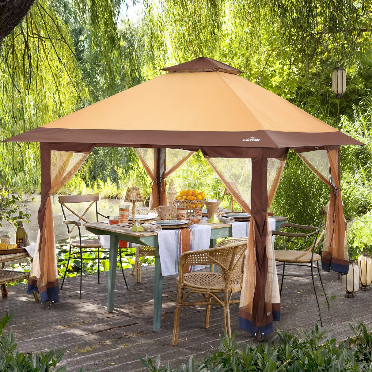 OUTDOOR LIVING SUNTIME Instant Pop Up Patio Gazebo with Full Netting for Family Parties and Outdoor Activities(Netting Sidewalls) OUTDOOR LIVING SUNTIME
