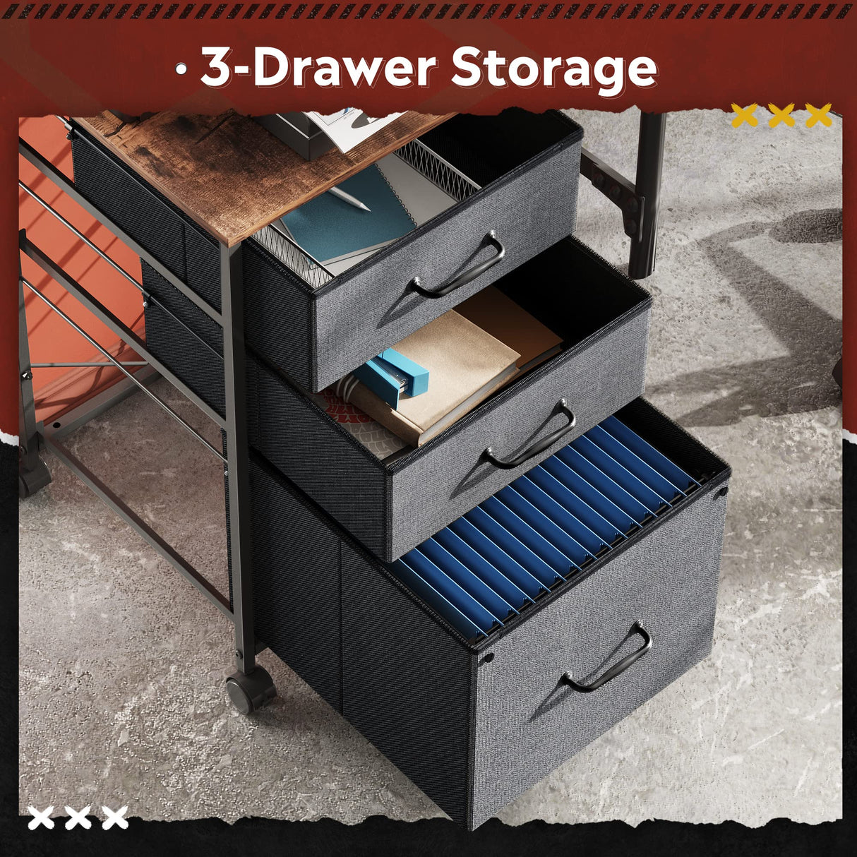 DEVAISE Mobile File Cabinet, Rolling Printer Stand with 3 Drawers, Fabric Vertical Filing Cabinet fits A4 or Letter Size for Home Office, Rustic Brown DEVAISE