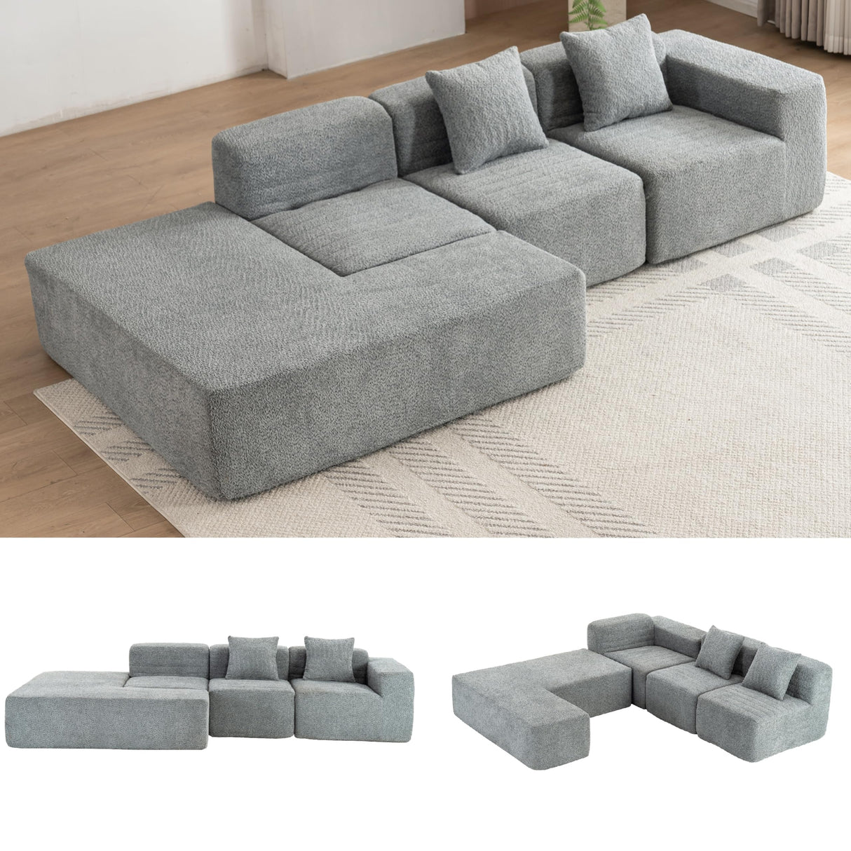 Merax 116.5" Minimalist Cloud Sectional Couch with L-Shape Chaise, Gray Modern Modular Sofa with Deep Seat, Convertible 4 Seat Sleeper Couches Set for Living Room, No Assembly Required, Grey Merax