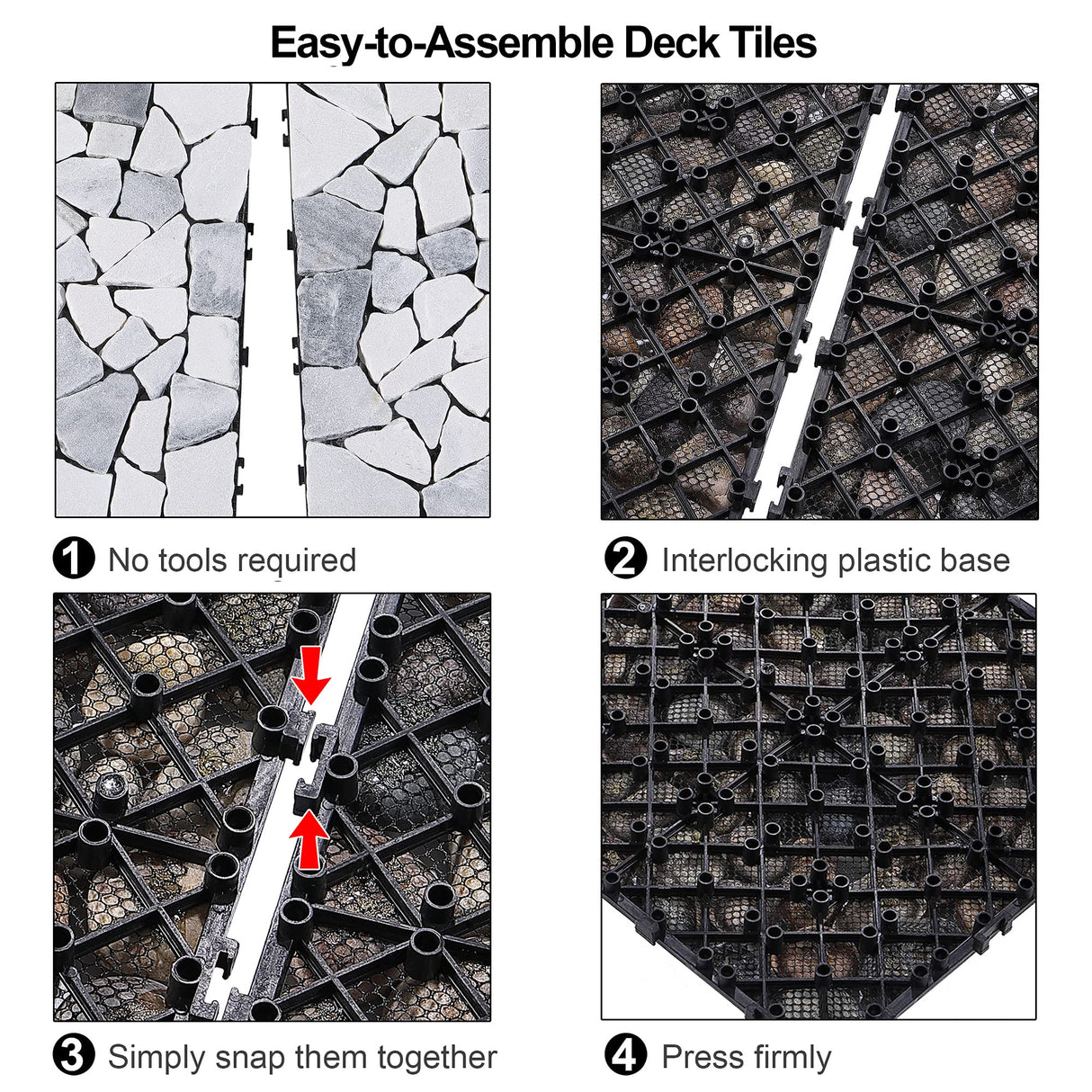 PURE ERA Natural Real Stone Interlocking Floor Deck Tiles Indoor Outdoor Use 12"x12" (4Pcs, 4 sq. Ft, Sliced Grey and White)- Great Upgrade to Patio Backyard Pathway PURE ERA