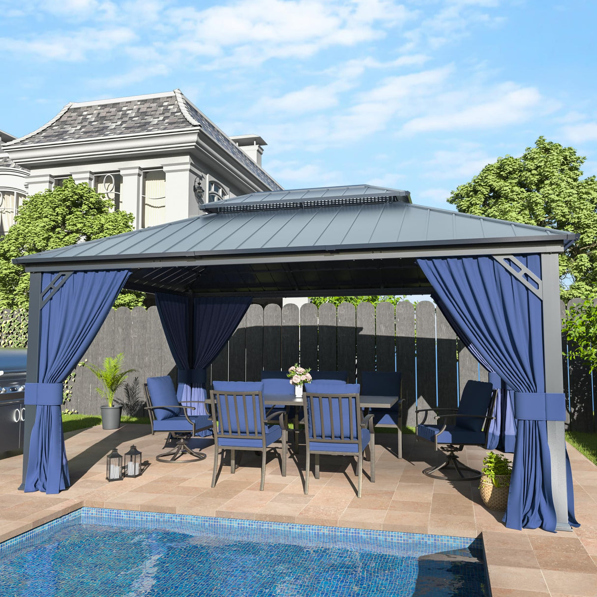 12' x 16' Hardtop Gazebo,Outdoor Galvanized Steel Metal Double Roof Gazebo with Curtains and Netting for Patios, Gardens, Lawns,Navy Blue Kullavik