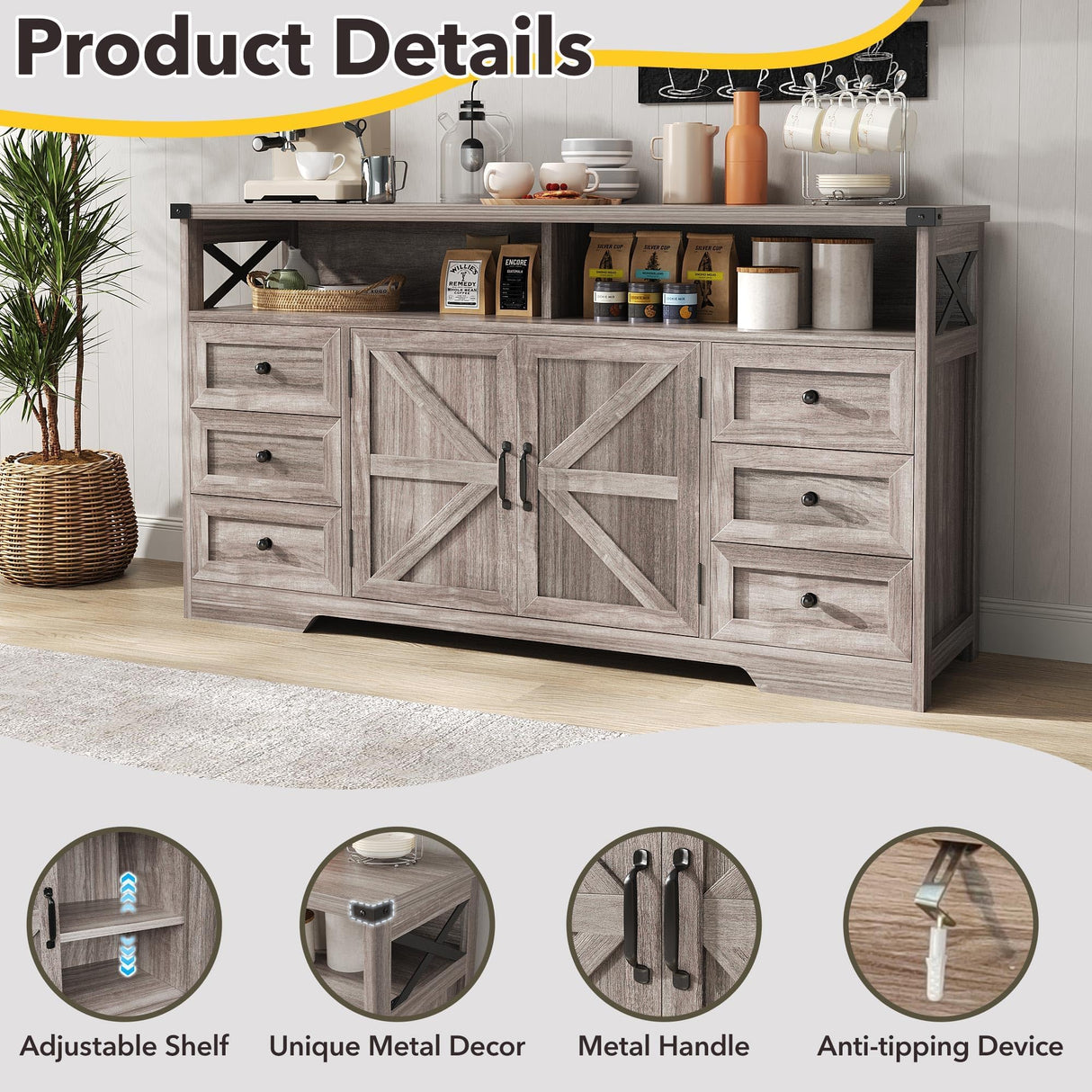 Maupvit 59" Buffet Cabinet with Storage, Farmhouse Sideboard Cabinet with 6 Drawers and Open Shelves, Adjustable Shelf, Large Coffee Bar Station Table for Kitchen, Dining, Living Room, Grey Maupvit