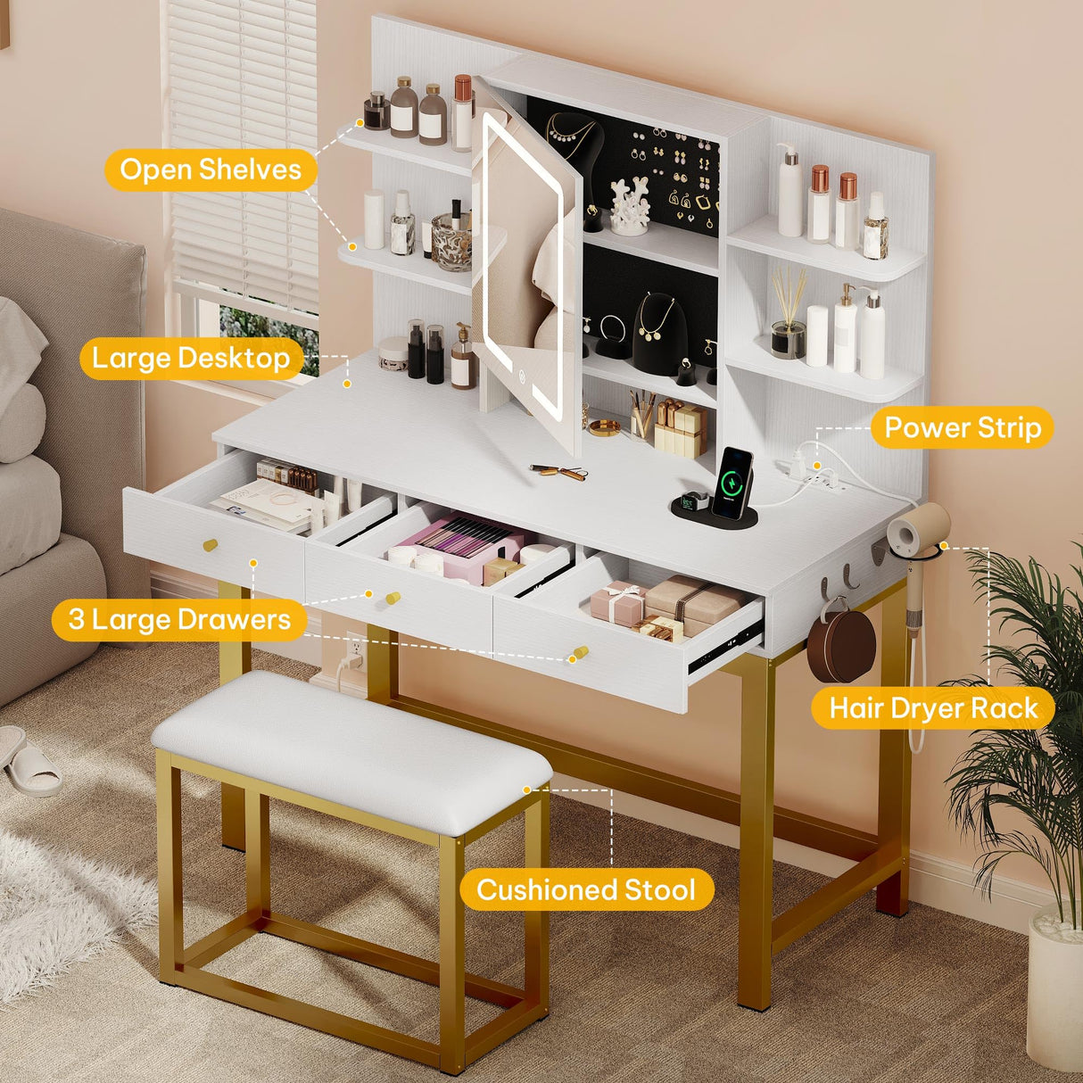 YITAHOME Vanity Desk with LED Lights Mirror & Power Outlets, Makeup Table Set with 3 Adjustable Lighting Modes, Open Shelves and Hidden Storage, Stool, Hooks and Hair Dryer Holder for Bedroom, White YITAHOME