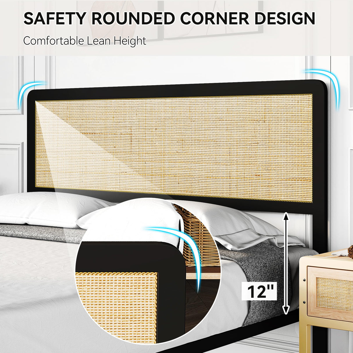 Amyove Full Size Bed Frame with Natural Rattan Headboard, Bohemian Platform Bed Frame with Strong Metal Slats Support, Boho Cane/Mattress Foundation/No Box Spring Needed Amyove