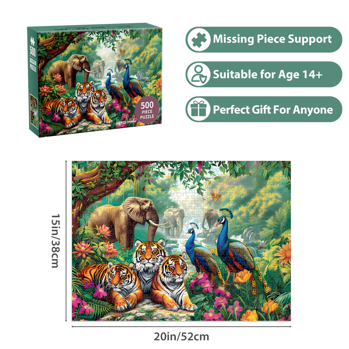 Jigsaw Puzzles for Adults 500 Pieces Puzzle Elephant Tiger Puzzle for Adults Children Elderly Puzzles Peacock Animal Puzzle 500, Home Decor Gift Family Game for Men Women Elders Seniors (20.5"x15") Jeacirio