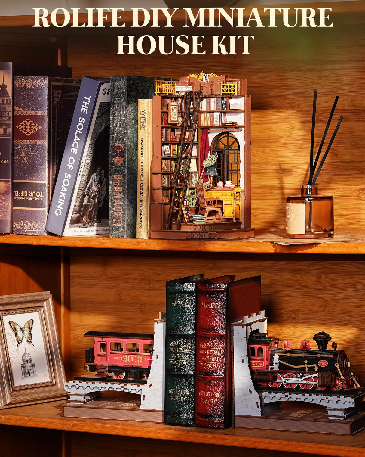 Rolife DIY Book Nook Kits for Adults, Miniature Dollhouse Booknook Kit, 3D Wooden Puzzle Creative Decorative Bookends Bookshelf Diorama Insert Crafts Hobbies Gifts (Silent Corner Study) Rolife