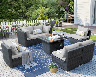 NICESOUL High-End Outdoor Patio Furniture Set with Natural Gas/Propane Firepits, 7 Piece Large Wicker Sectional Couches with Fire Table, 29.3'' High Back Deep Seating Comfy Conversation Sofas, Gray