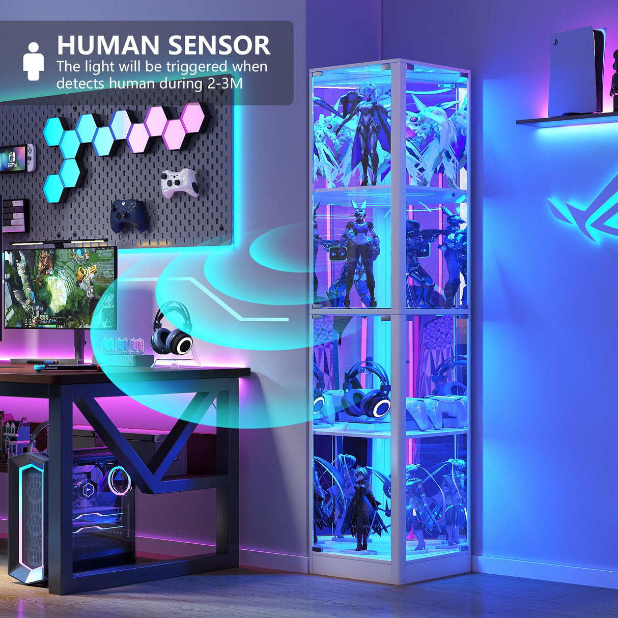 Corner Display Cabinet with Glass Doors, 4 Tier Corner Shelf with LED Lights, 68" Display Case for Collectibles, Toys, Books, Curio Storage Cabinet, White WEQUB