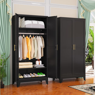 GAIOUS Metal Wardrobe Cabinet with Hanging Rod, 71" Metal Clothing Storage Cabinets with 2 Doors and Adjustable Shelves, Black Armoire Wardrobe Closet for Bedroom, Laundry Room, Cloak Room