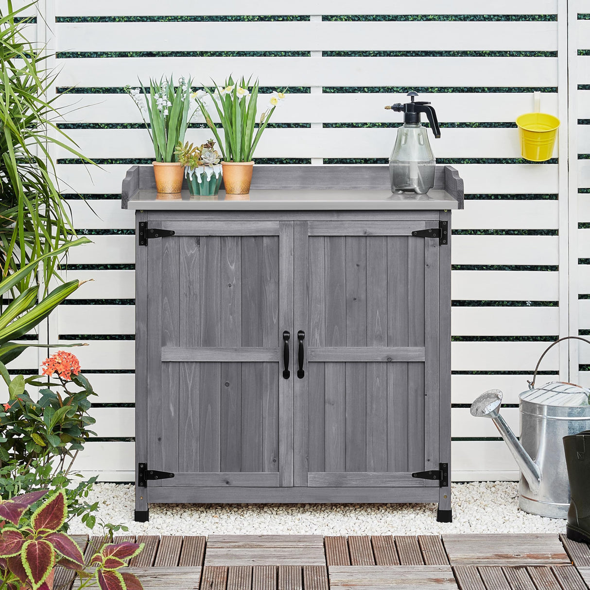 Topeakmart Potting Bench Table - Wooden Storage Cabinet with Removable Shelf & Flexible Space & Metal-Plated Tabletop for Outdoor Garden Patio, Gray Topeakmart