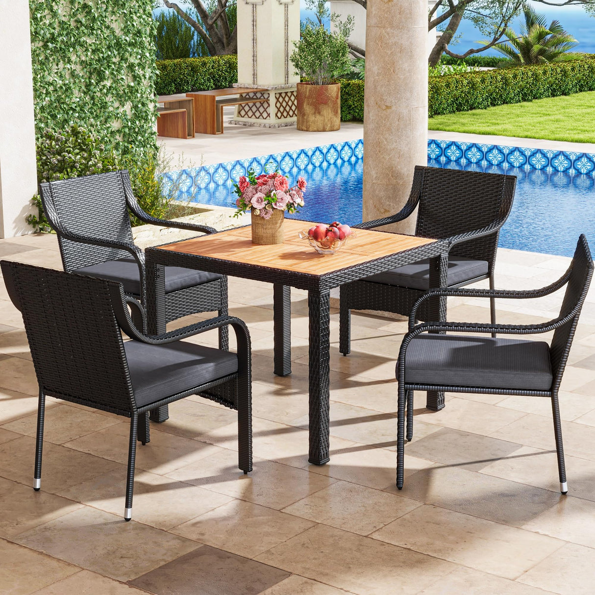 YITAHOME 5-Piece Patio Dining Set, Outdoor Wicker Conversation Furniture with Wooden Tabletop and Cushions, Wicker Square Dining Sets for Lawn Garden Backyard Deck YITAHOME