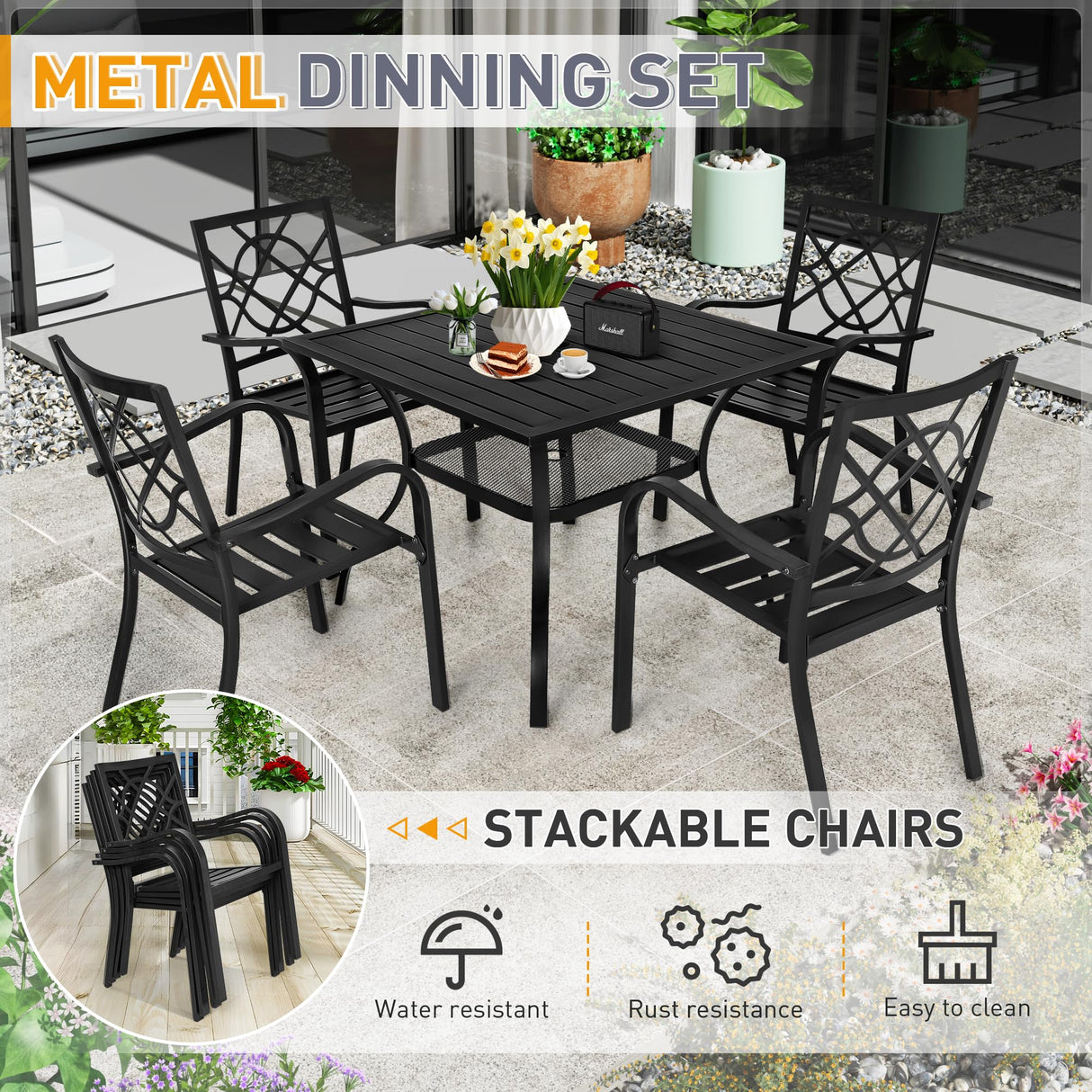 SUNCROWN 5-Piece Outdoor Wrought Iron Chairs and Table Patio Dining Furniture Set - 4 Stackable Metal Chairs, 1 Steel Slat Bistro Table and 1 Brown 9Ft Patio Umbrella for Garden Backyard Deck SUNCROWN