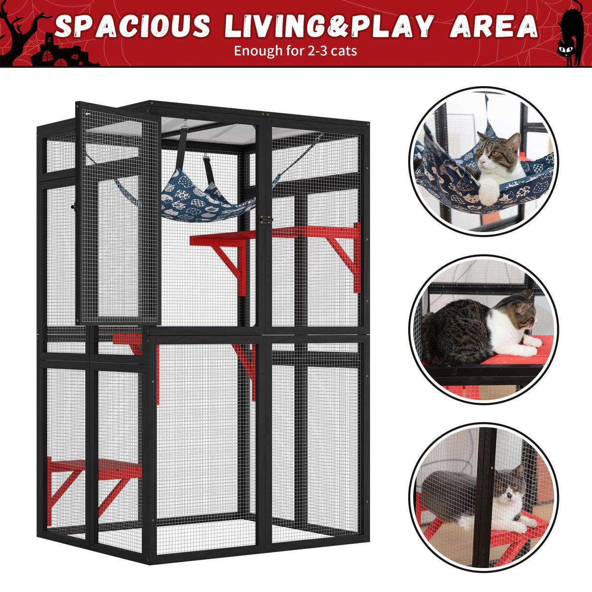 COZIWOW Catio Outdoor Cat Enclosure Window Access, Wooden Cat House, Indoor Cat Cage with Hammock for Patio(Gothic) COZIWOW