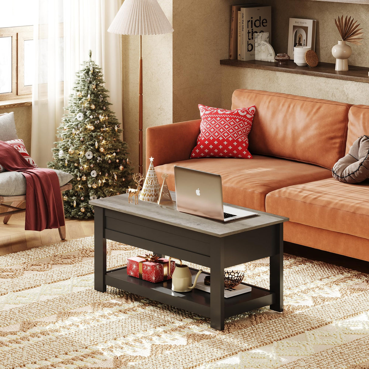 WLIVE Modern Rustic Coffee Table with Storage Shelf and Hidden Compartment,Wood Lift Tabletop for Home Living Room,Black,Greige. WLIVE