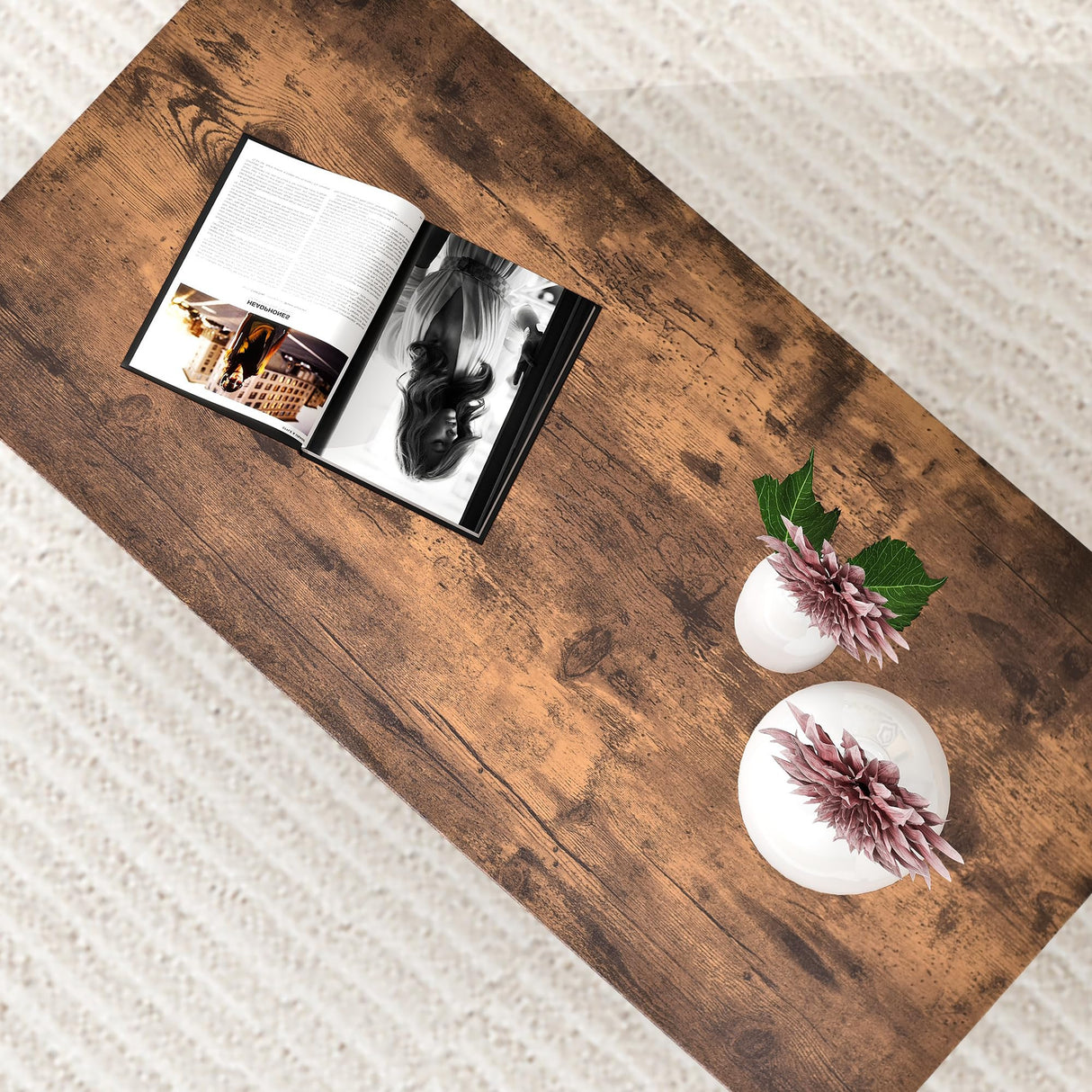 VERFARM Industrial Coffee Table with Rectangle Wood and Stable Metal Frames, Rustic Vintage Living Room Table for Living Room, Office, Brown/Black, Easy Assembly VERFARM