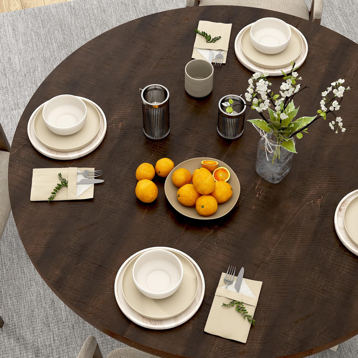 Round Wood Dining Table for Kitchen,Dining Room,Living Room,Farmhouse Dinner Tables W/Thickened Brown Waterproof Tabletop for 4 People,47 inch Rustic Kitchen Table W/Metal Support jiteentarou