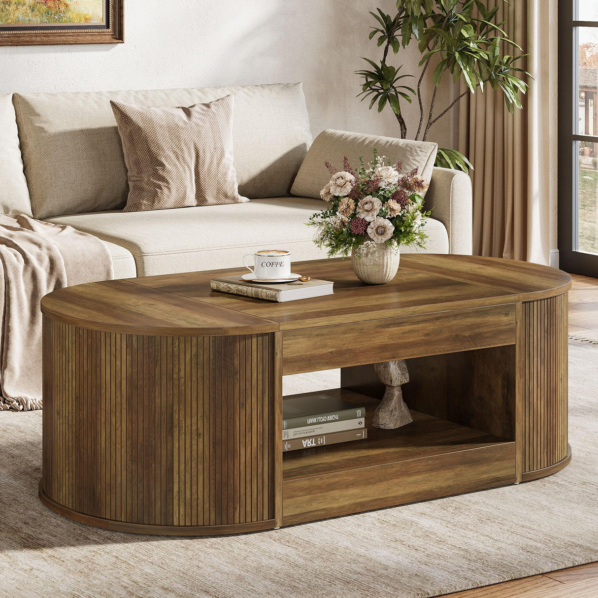 Tribesigns Farmhouse Coffee Table with Storage, 55-Inch Oval Center Table, 2-Tier Large Tea Table for Living Room, Office Reception, Rustic Brown Tribesigns