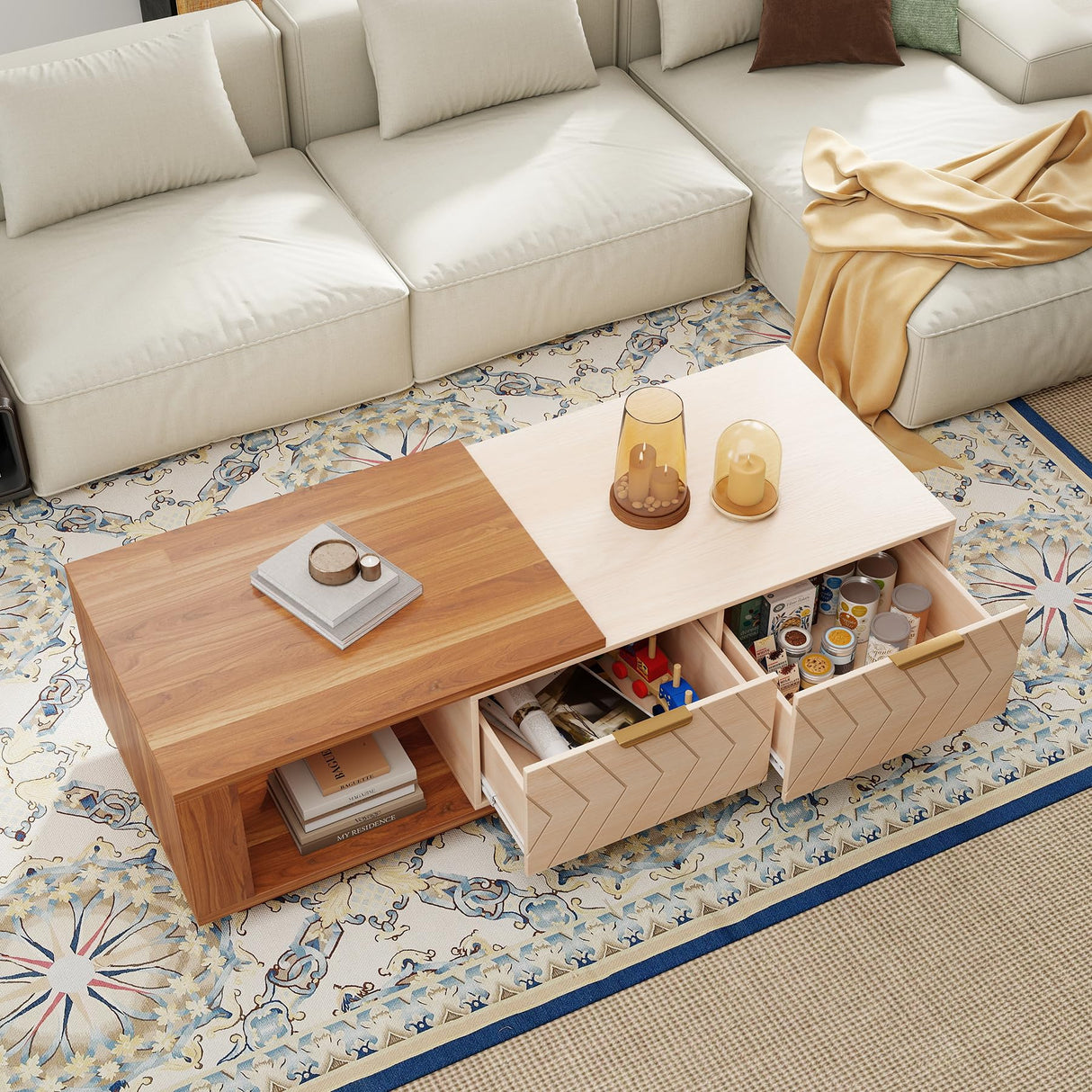 Aivermeil 42"- 65" Extendable Coffee Table with Storage, Reversible Wood Coffee Table with 2 Drawers, Two-Tone Large Adjustable Center Table for Living Room, Office (Walnut A) Aivermeil