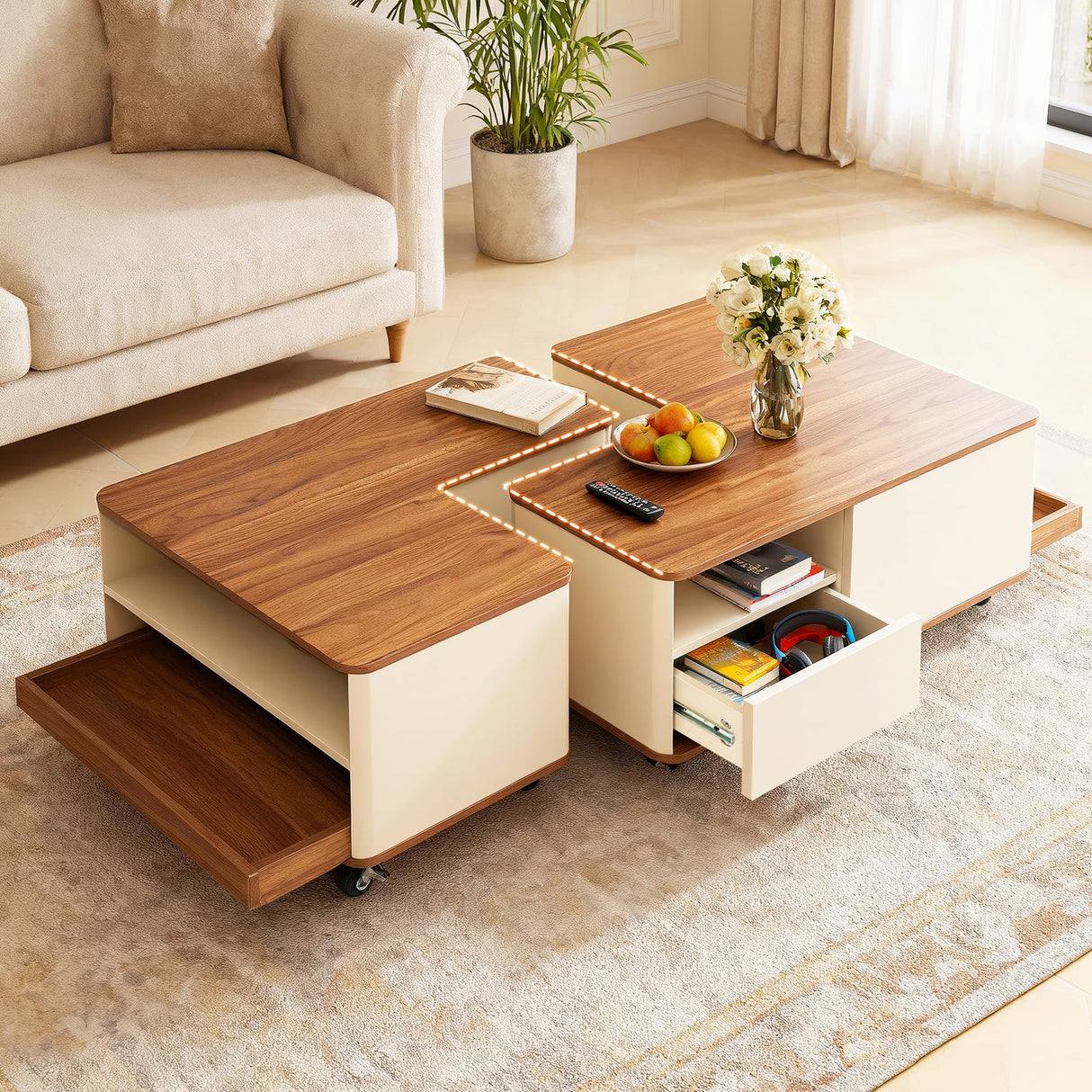 vnekjse Modular Coffee Table Set of 2 with Wheels, Convertible Farmhouse Wood Center Table with Drawer, End Tables Space Saving Flexible Layout for Small Living Room, Apartment vnekjse