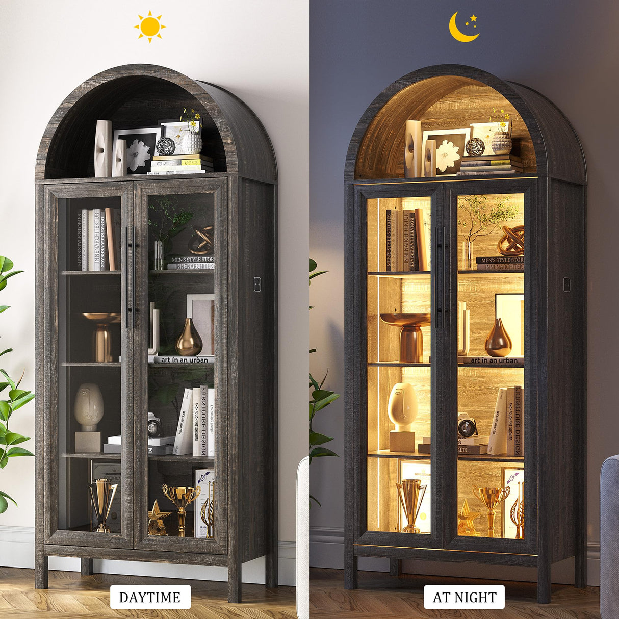 Dystler Arched Kitchen Pantry Cabinet with Glass Doors, Display Curio Case with 3 Color LED Lights for Collectibles, Modern 5-Tier Storage Hutch Cabinet Brown Dystler