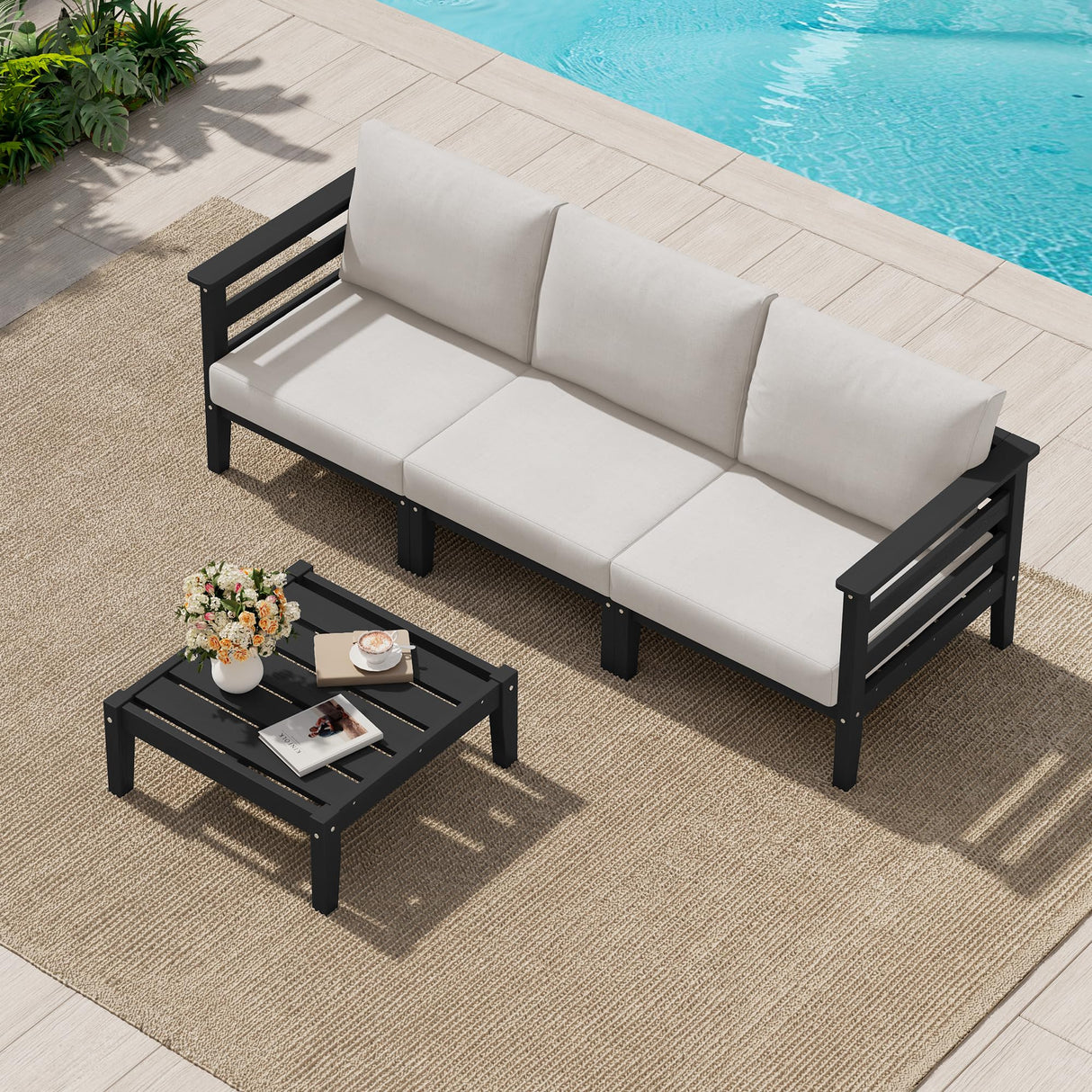SERWALL HDPE Outdoor Furniture Set, 4 Pieces Patio Sectional Sofa Set, All-Weather Wood-Like Outdoor Sofa with Coffee Table for Deck, Garden, Black Frame with Khaki Cushion SERWALL