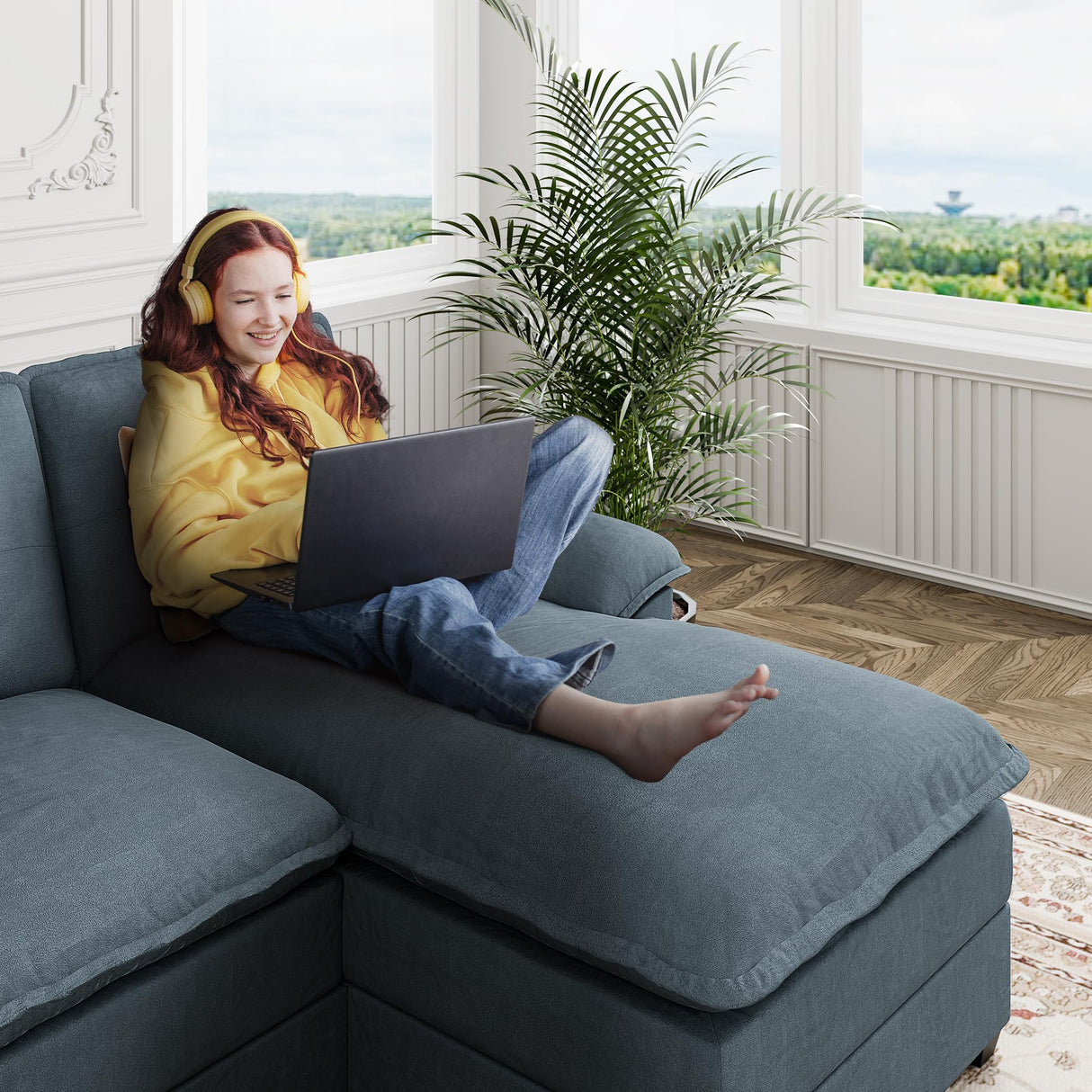 110" Sectional Couches for Living Room,4-Seat U Shaped Couch with Double Chaise,Modular Sofa Couches Sleeper with Thick Cushion & Soft Backrest,Dark Grey Shintenchi