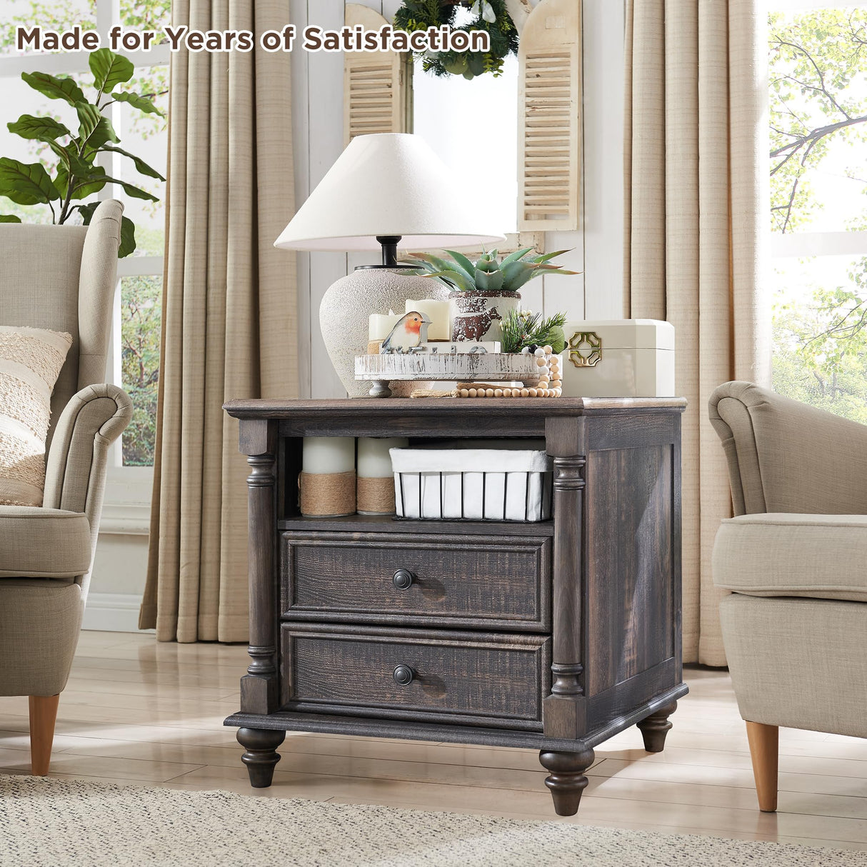 T4TREAM 24'' Farmhouse End Table w/4 Solid Wood Feet, Large 2 Drawers Wide Sofa Side Table with Charging Station, Tall Rustic Wood Square Nightstand for Living Room, Bedroom, Office, Dark Rustic Oak T4TREAM