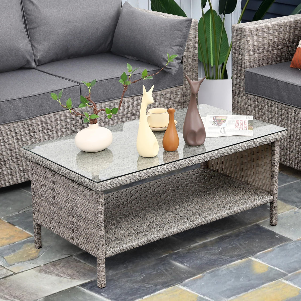 WAROOM Outdoor PE Wicker Coffee Table - Patio Rattan Garden Side End Tea Table with Glass Top Furniture, Grey WAROOM