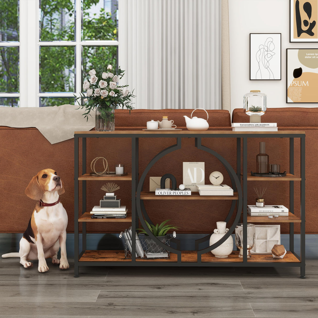 GiftGo 47" Industrial Console Tables for Entryway Rustic Sofa Table Behind Couch 4 Tier Wooden Shelves Entry Table with Storage for Foyer, Hallway, Front Door,Living Room (Rustic Brown, 47") GiftGo