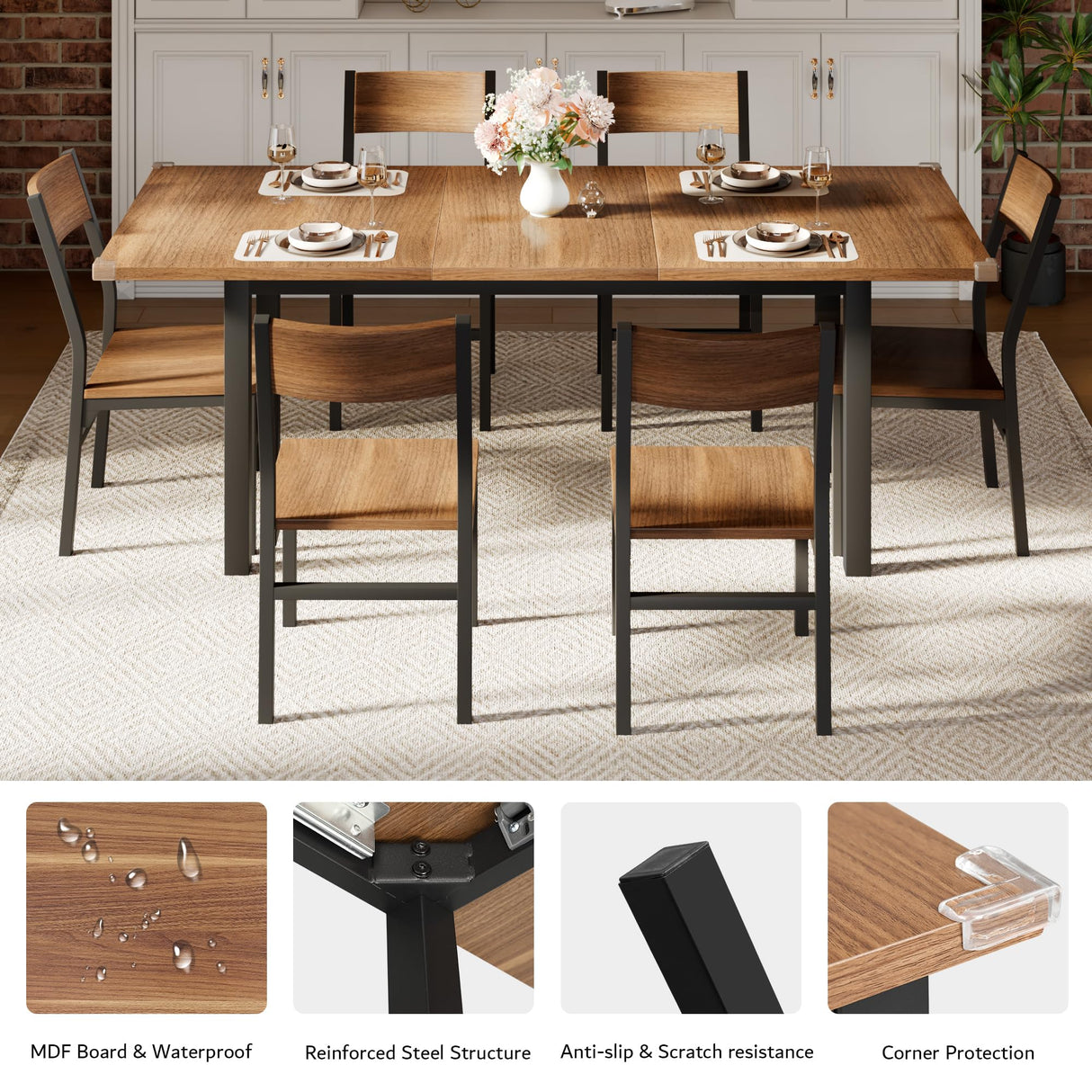 iPormis 7-Piece Dining Table Set with 6 Chairs, 63" Extendable Kitchen Table & Chairs Set for 4-6, Dining RoomTable with Solid Metal Frame & MDF Board, Perfect for Small Space, Easy Assembly, Walnut iPormis